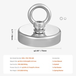 Neodyymikalastusmagneetti N35 318 kg vetovoima läpimitta 75 mm ruosteenkestävä runko
