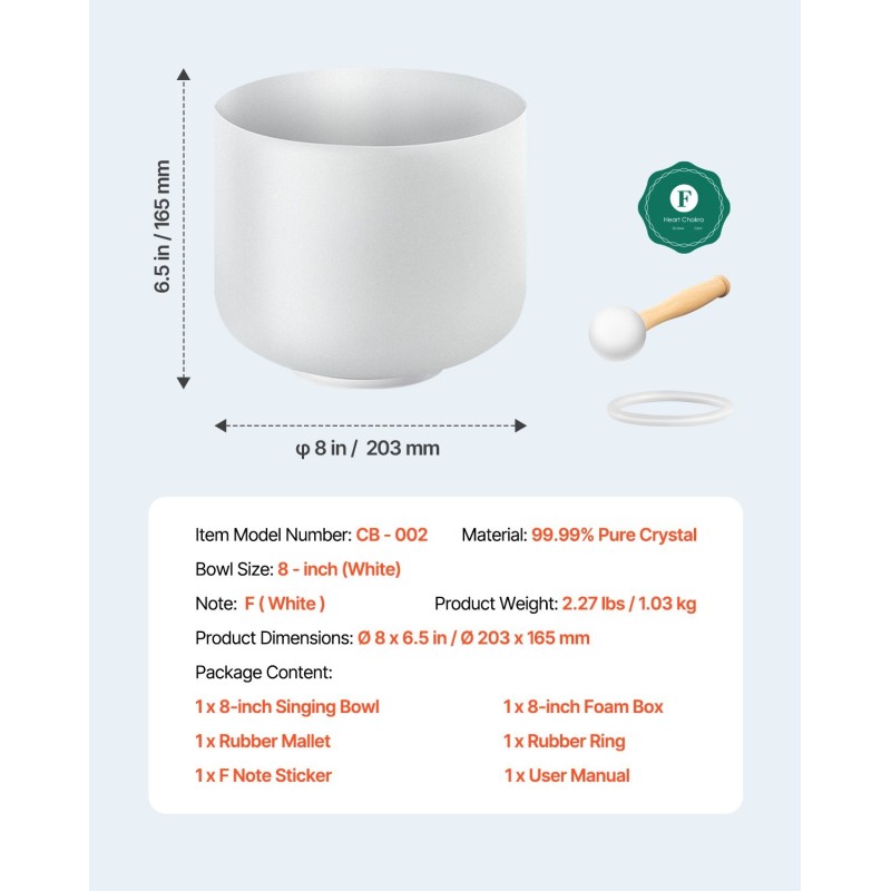 Kristalliäänimalja 8-tuumainen 99,99-prosenttinen F-nuottiin viritetty sydänchakran tasapainoon