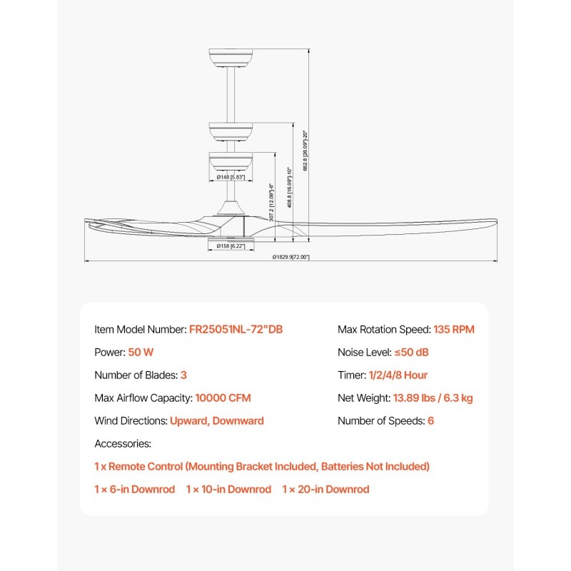 Kattotuuletin 72-tuumainen 3-lapainen puulavoilla kattoon asennettava käännettävä DC-moottori 6-nopeuksinen kaukosäädin