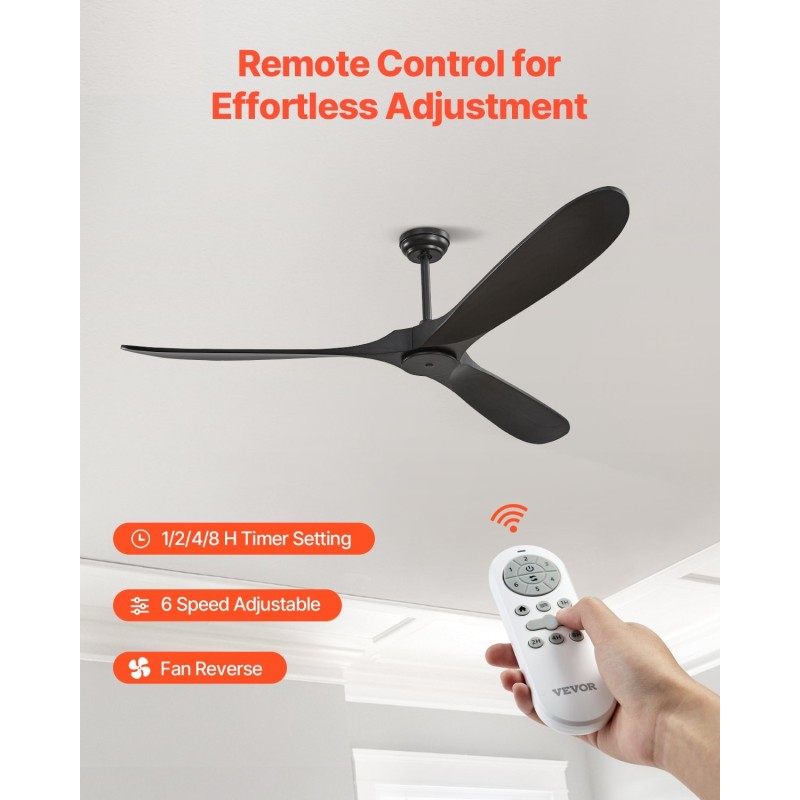 Kattotuuletin 72-tuumainen 3-lapainen puulavat matalaprofiilinen musta käännettävä DC-moottori