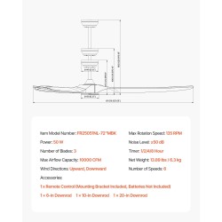Kattotuuletin 72-tuumainen 3-lapainen puulavat matalaprofiilinen musta käännettävä DC-moottori