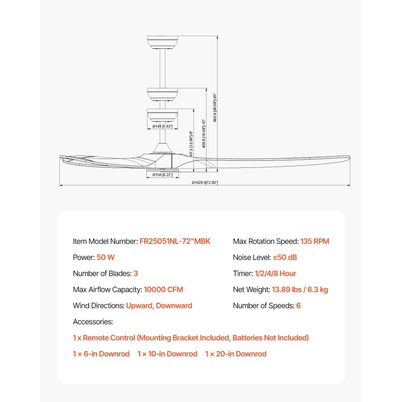 Kattotuuletin 72-tuumainen 3-lapainen puulavat matalaprofiilinen musta käännettävä DC-moottori