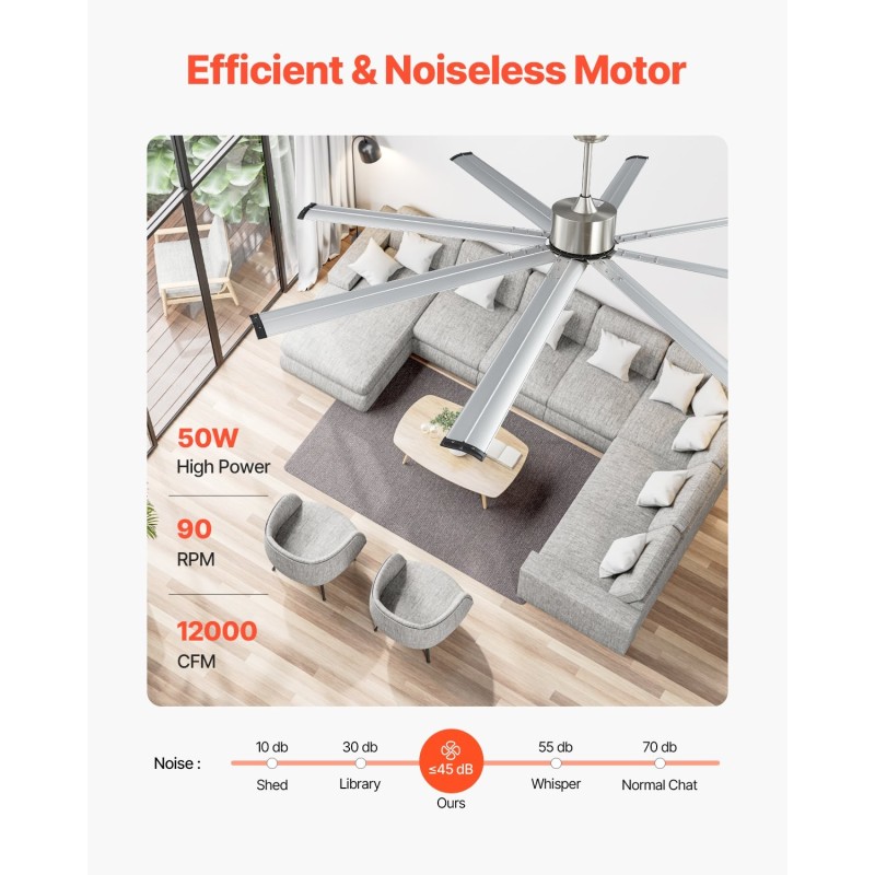 Kattotuuletin 213 cm 8 alumiinilavaa harjattu nikkeli matalaprofiili DC moottori