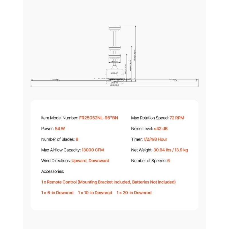 Kattotuuletin 244 cm harjattu nikkeli 8 alumiinilapaa DC-moottori