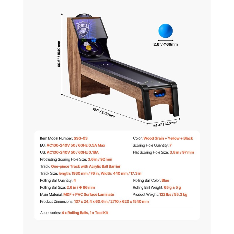 Pelipöytä skeeball-tyylinen 2,74 m MDF PVC-pintalaminaatti LED 4 palloa