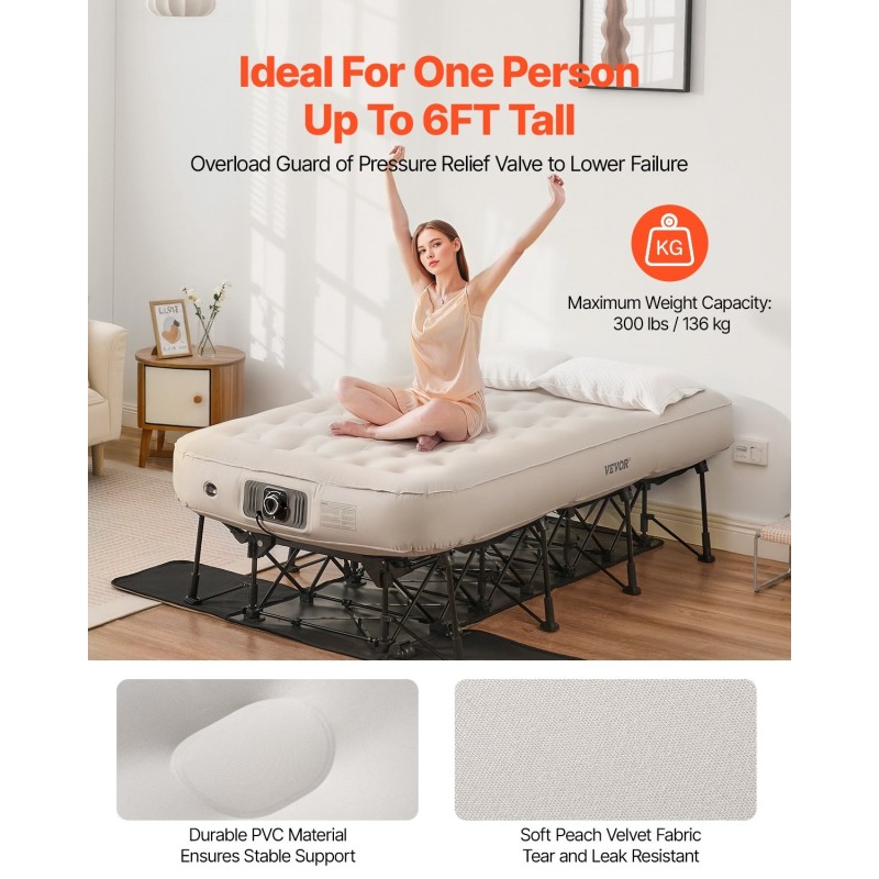 Ilmapatja sängynrungolla yhden hengen PVC persikkapintaisella kankaalla sisäänrakennetulla pumpulla