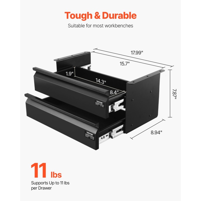 Ulosvedettävä kaksitasoinen laatikko pöydän alle Q235 teräsrunko musta 400 mm