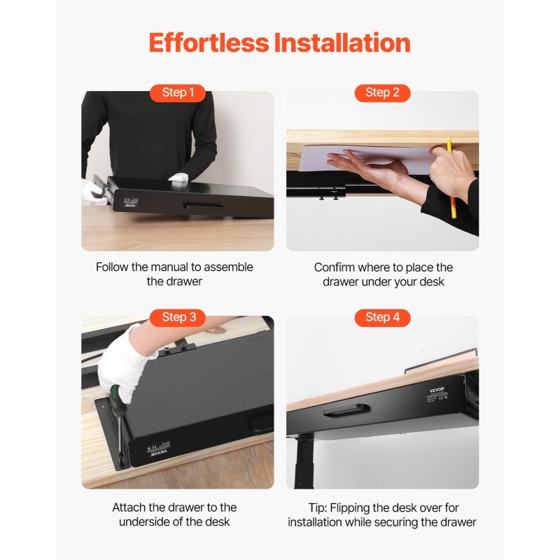 Pöydän alle asennettava leveä liukulaatikko Q235-teräs musta huopavuorauksella 635 mm