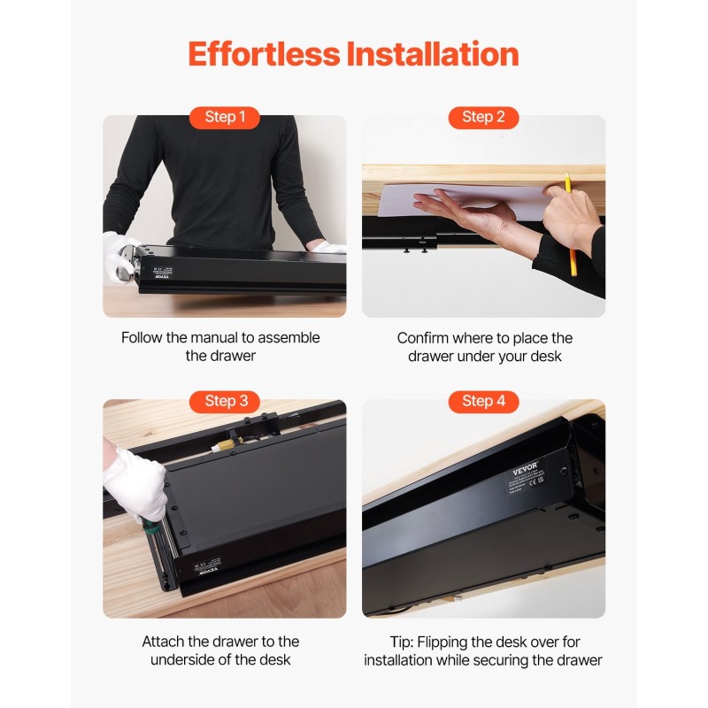 Pöydänalainen liukulaatikko 840 mm musta teräs ja MDF-levy