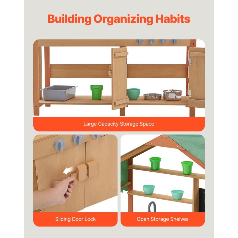 Seetripuinen mutakeittiö ulkokäyttöön pienille lapsille liesitasoilla altaalla istutuslaatikolla liitutaululla