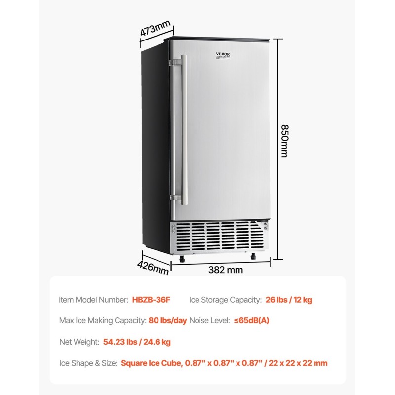 Työtason alle asennettava jääpalakone 36 kg vuorokaudessa 22 mm neliöpalat
