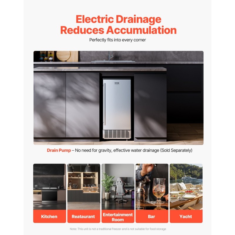 Jääpalakone kalusteisiin integroitava 80 paunaa vuorokaudessa 12 kilon jääkori ruostumaton teräsovi