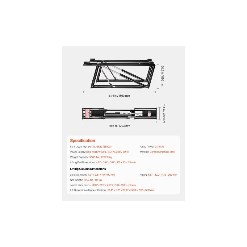 Siirrettävä sähköhydraulinen autonostin 2267,9 kg nostokorkeus 29,8 tuumaa hiilirakenneteräs kaukosäätimellä