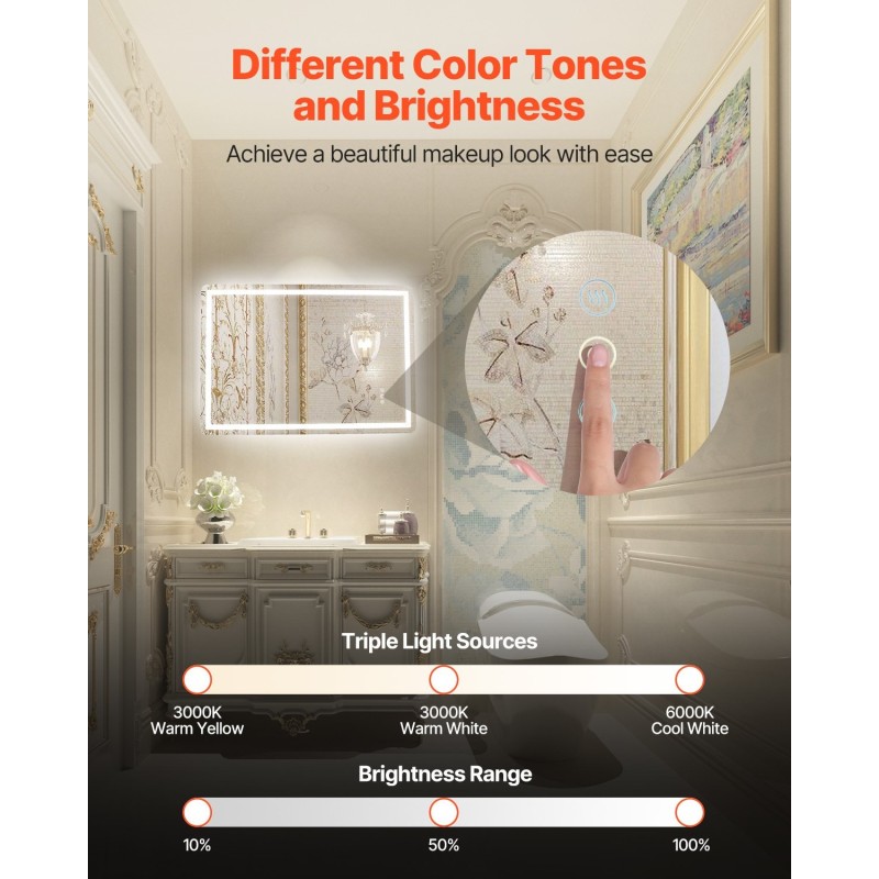 Seinään kiinnitettävä LED-kylpyhuonepeili epoksipinnoite alumiinitaustalevy 700x1000 mm 3 värilämpötilaa portaattomasti
