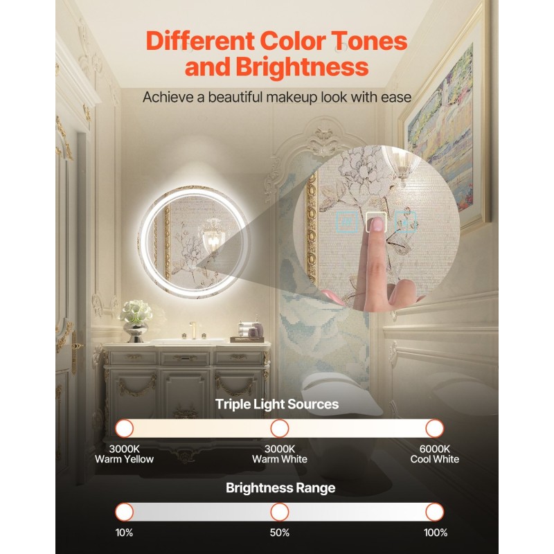 Seinään asennettava pyöreä LED-kylpyhuonepeili 60 cm portaattomasti himmennettävä 3 värilämpötilaa huurteenesto