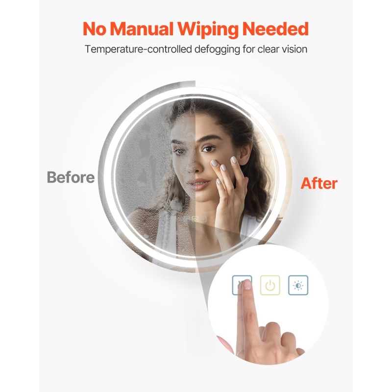 Seinään asennettava pyöreä LED-kylpyhuonepeili 60 cm portaattomasti himmennettävä 3 värilämpötilaa huurteenesto