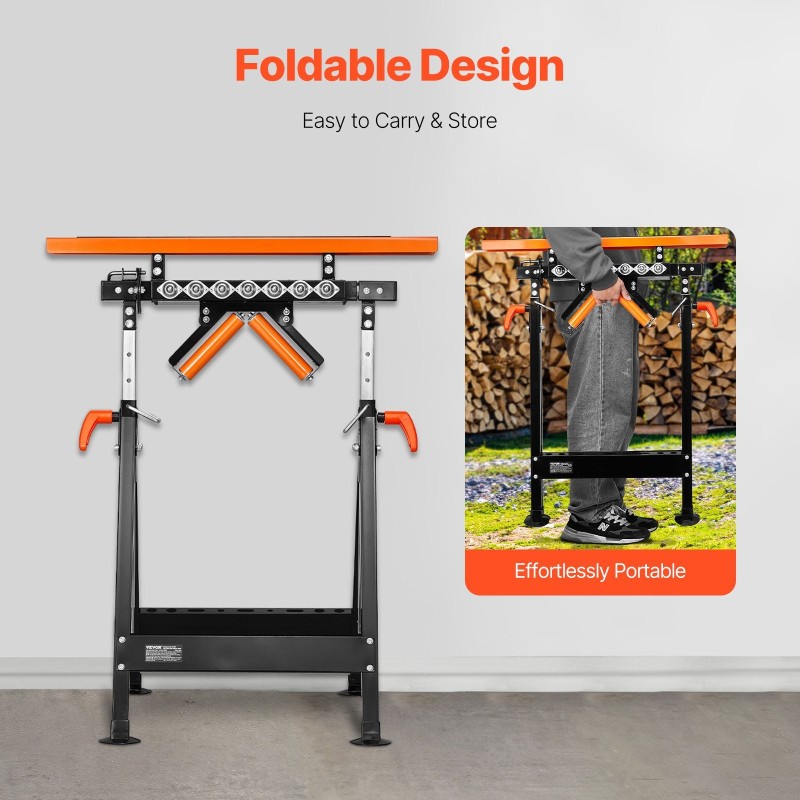 Teräsrullateline nelitoimoinen säädettävä taittuva korkeus 84–127 cm 200 kg sahatuki pöytäsahoille