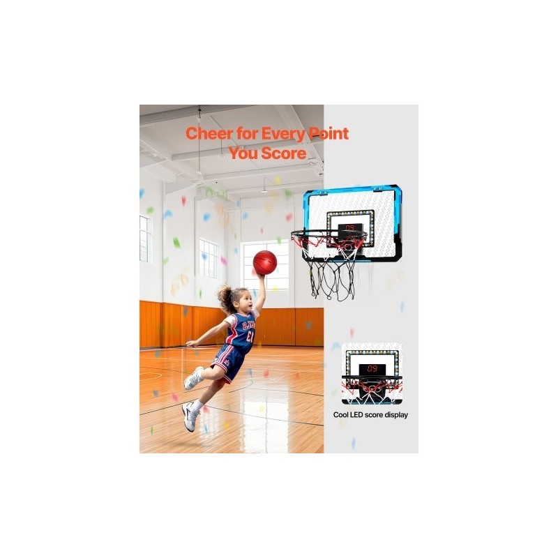 Mini koripallokori ovien yläpuolelle kiinnitettävä sininen sähköinen pistelaskuri LED-valot musiikkitoiminnot 3 palloa