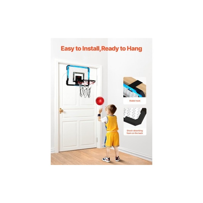 Mini koripallokori ovien yläpuolelle kiinnitettävä sininen sähköinen pistelaskuri LED-valot musiikkitoiminnot 3 palloa