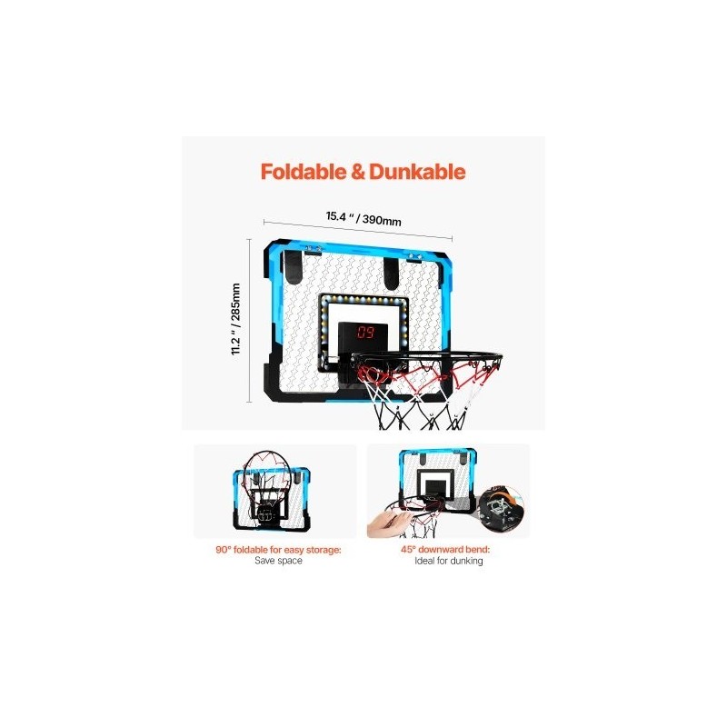 Mini koripallokori ovien yläpuolelle kiinnitettävä sininen sähköinen pistelaskuri LED-valot musiikkitoiminnot 3 palloa
