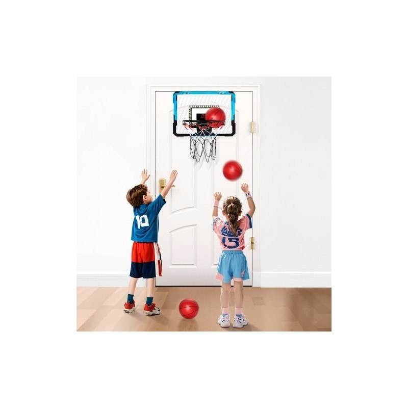 Mini koripallokori ovien yläpuolelle kiinnitettävä sininen sähköinen pistelaskuri LED-valot musiikkitoiminnot 3 palloa