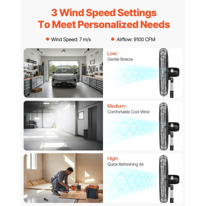Teollinen jalustatuuletin hiiliteräsrunko 30-tuumainen musta säädettävä korkeus 3 nopeutta 85 asteen oskillointi