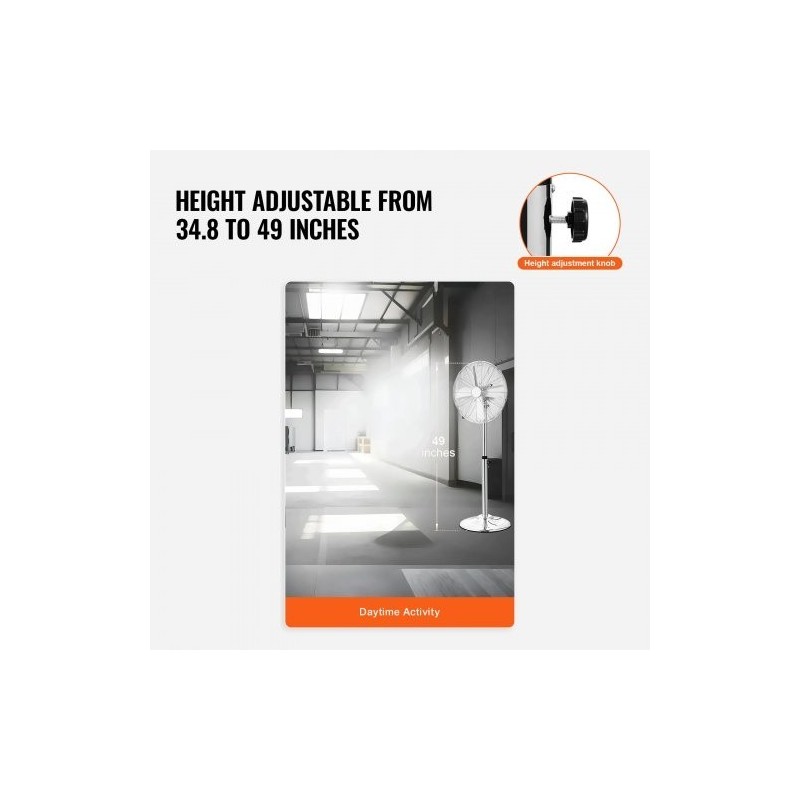 Jalustatuuletin metallinen 16-tuumainen säädettävä korkeus kääntyvä kolmivaihteinen hopea