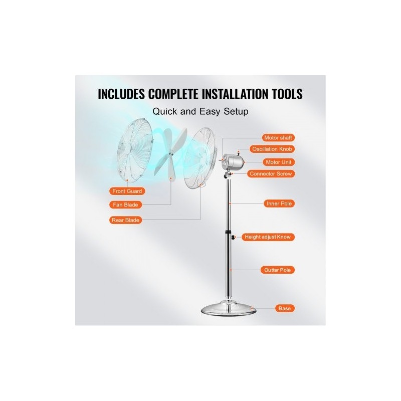 Jalustatuuletin metallinen 16-tuumainen säädettävä korkeus kääntyvä kolmivaihteinen hopea