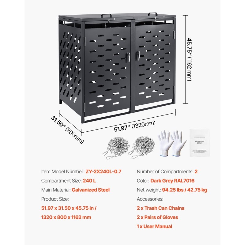 Metallinen jäteastiasuoja sinkitystä teräksestä kahdelle 240 litran astialle tummanharmaa lukittava kansi