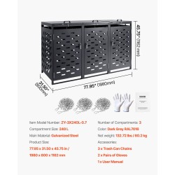 Metallinen roska-astioiden säilytyskaappi ulkokäyttöön 3 astiaa 240 l galvanoitu teräs tummanharmaa