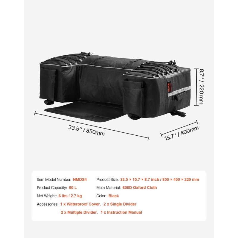 Takalaukku 60-litrainen mönkijään selkänojalla 600D oxford-kankaasta musta