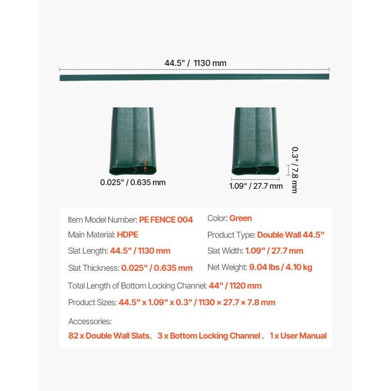 Kaksiseinäiset korkeatiheyksiset polyeteenilamellit 1130 millimetriä vihreä 82 lamellia ketjuaitaan