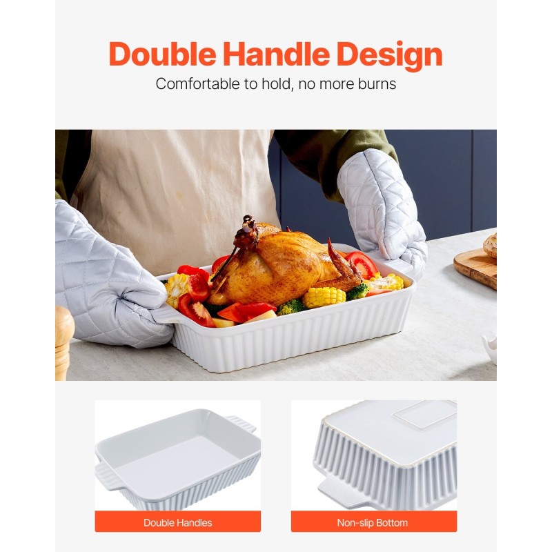 Keraaminen suorakulmainen uunivuoka 3,5 l kaksikahvainen valkoinen kiiltävä lasitus