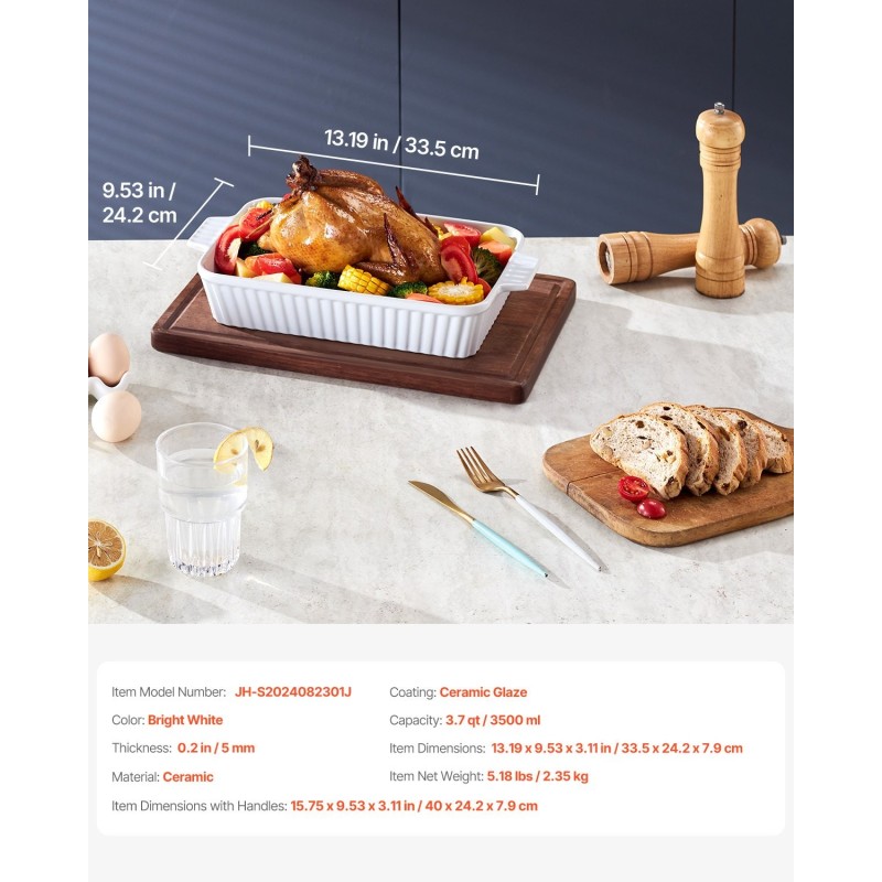 Keraaminen suorakulmainen uunivuoka 3,5 l kaksikahvainen valkoinen kiiltävä lasitus