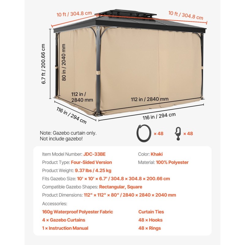 Paviljongin sivuverhot polyesteri 4 paneelia 284x284x204 cm khaki