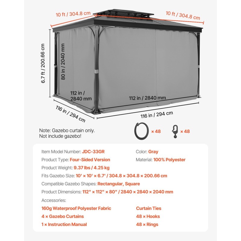 4-osainen paviljonkiverho 100% polyesteri 284 x 284 x 204 cm vedenpitävä harmaa