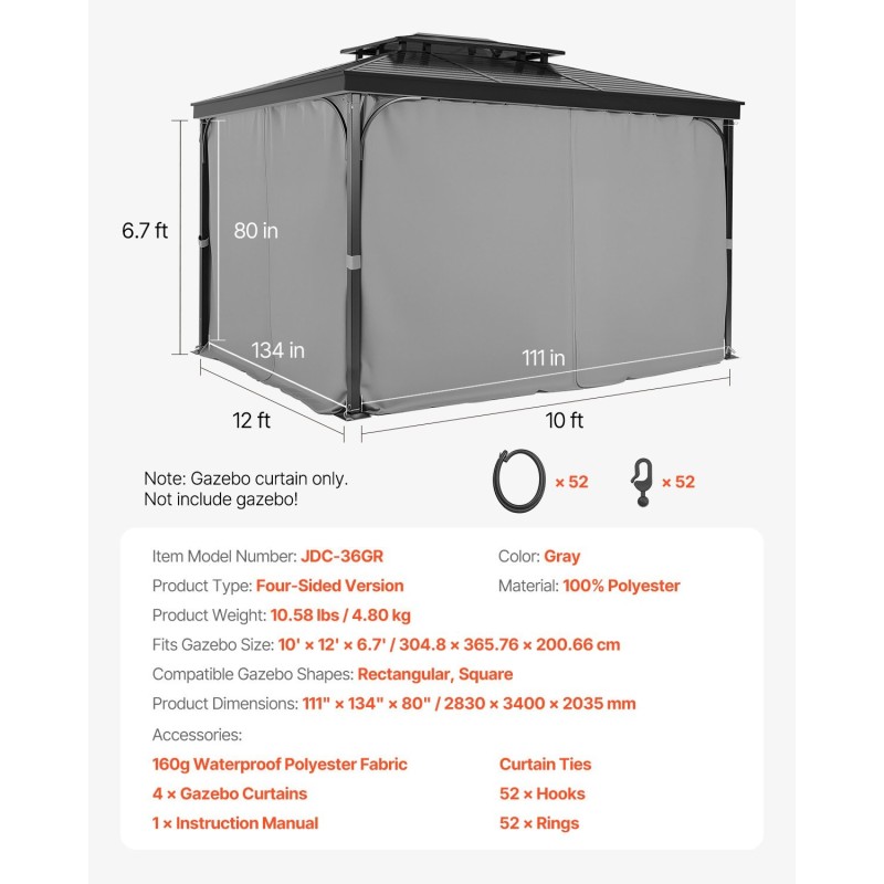 Paviljongin sivuverhot 100 % polyesteri 160gsm 283x340x203 cm harmaa 4 paneelia ulkokäyttöön