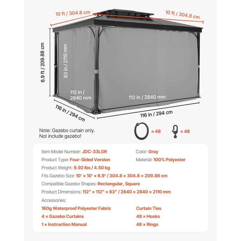 Paviljonkiverho polyesteri vedenpitävä ulkokäyttöön 284x284x211 cm neljä paneelia