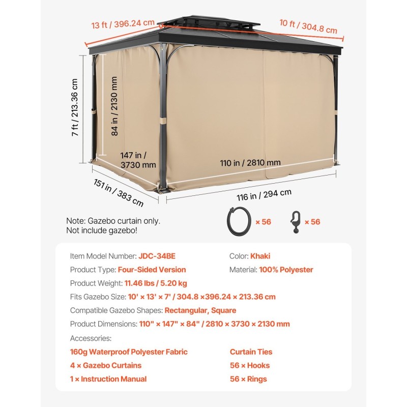 Paviljongin sivuverhosarja 4-paneelinen vedenpitävä polyesteri khaki 281×373×213 senttimetriä