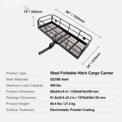 Teräksinen taitettava vetokoukkuun kiinnitettävä tavarakori sopii 2 tuuman vastaanottimeen