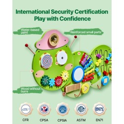 Seinälle kiinnitettävä MDF-levyinen toukkateemainen puuhataulu 12 aktiviteettia 3–12-vuotiaille