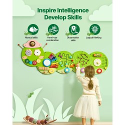 Seinälle kiinnitettävä MDF-levyinen toukkateemainen puuhataulu 12 aktiviteettia 3–12-vuotiaille