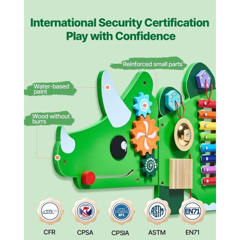 Seinäaktiviteettipaneeli MDF-rakenteinen 1525 x 445 mm dinosaurusaiheinen 11 aktiviteettia 3–12-vuotiaille