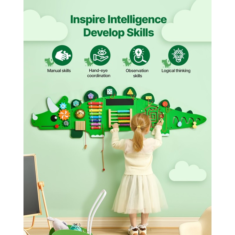 Seinäaktiviteettipaneeli MDF-rakenteinen 1525 x 445 mm dinosaurusaiheinen 11 aktiviteettia 3–12-vuotiaille