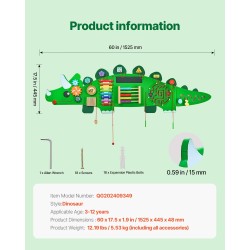 Seinäaktiviteettipaneeli MDF-rakenteinen 1525 x 445 mm dinosaurusaiheinen 11 aktiviteettia 3–12-vuotiaille