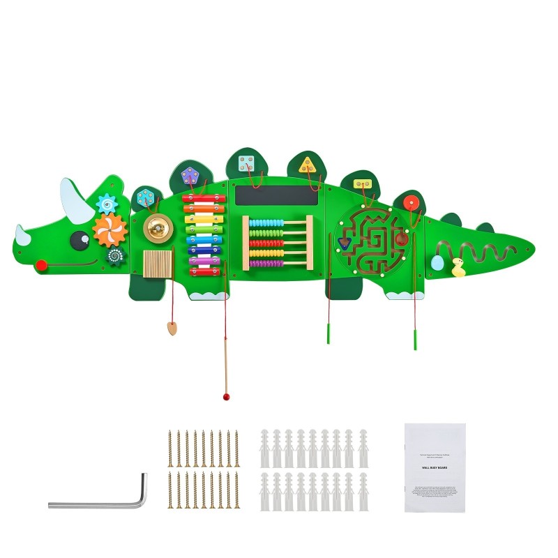 Seinäaktiviteettipaneeli MDF-rakenteinen 1525 x 445 mm dinosaurusaiheinen 11 aktiviteettia 3–12-vuotiaille
