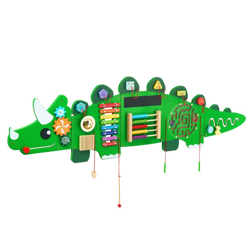 Seinäaktiviteettipaneeli MDF-rakenteinen 1525 x 445 mm dinosaurusaiheinen 11 aktiviteettia 3–12-vuotiaille