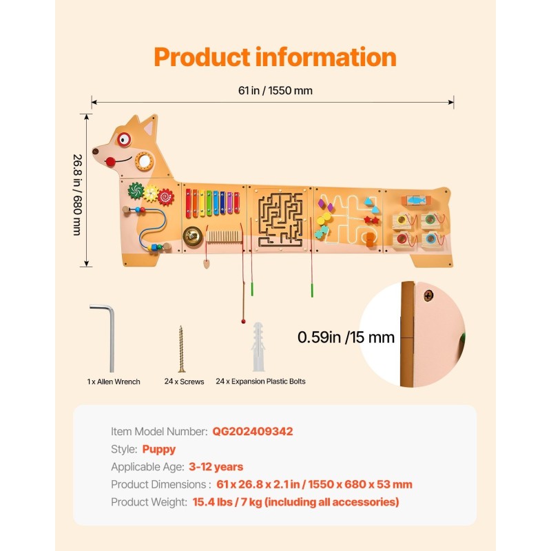 MDF-aktiviteettiseinä 3–12 vuotta 12 toimintoa 1550x680 mm pentuaiheinen
