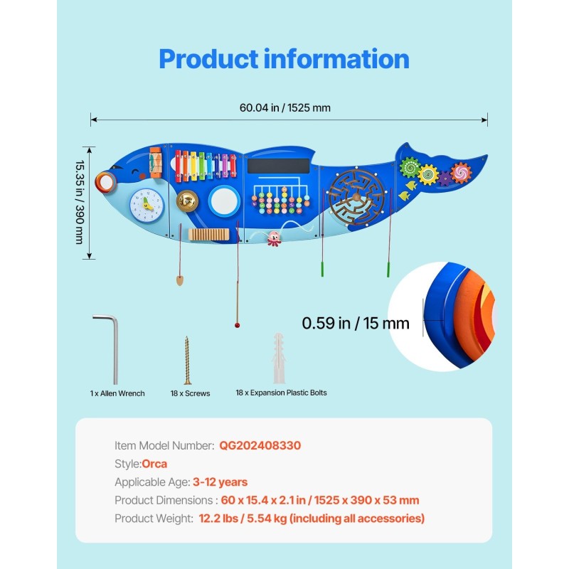 Seinälle kiinnitettävä puuhapaneeli 12 aktiviteettia 3–12-vuotiaille