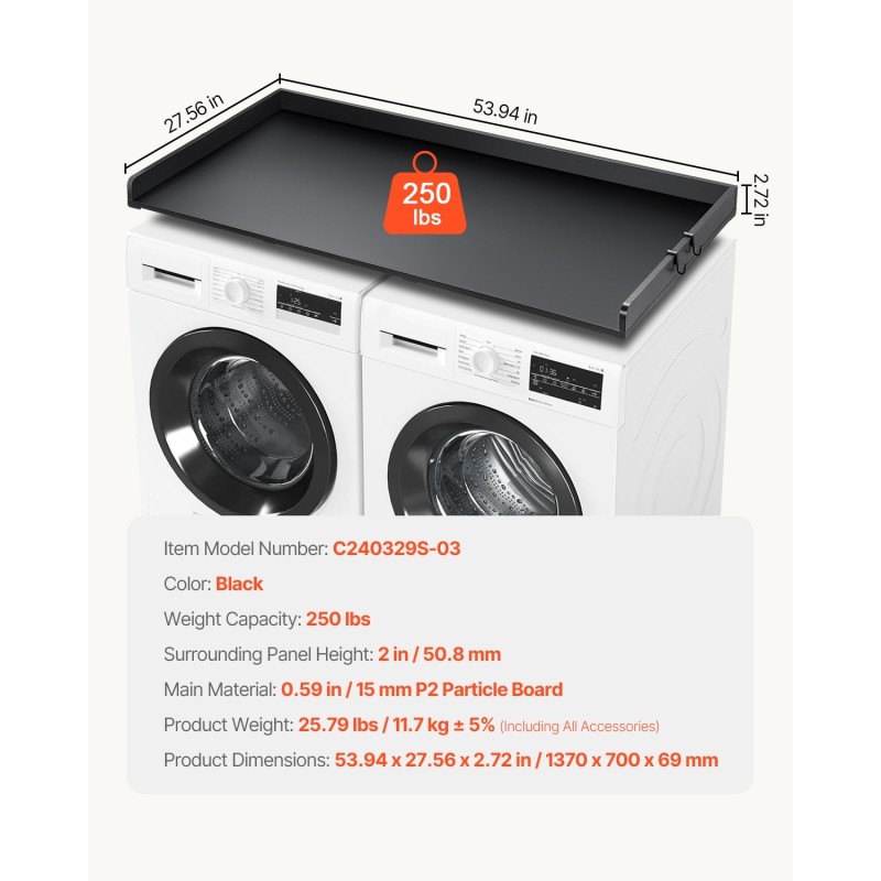 Työtaso pesukoneen ja kuivausrummun päälle 15 mm P2-lastulevy musta 1370x700 mm